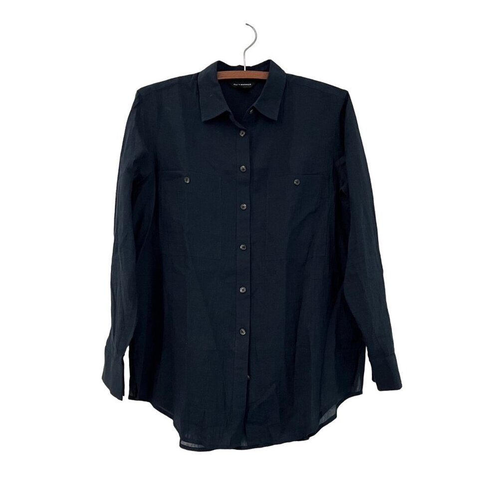 Club Monaco Womens Navy Blue Gauzy Cotton Oversized Long Sleeve Button Shirt XS